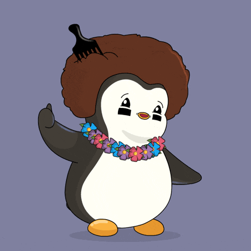 a penguin with a comb in its hair and flowers around its neck