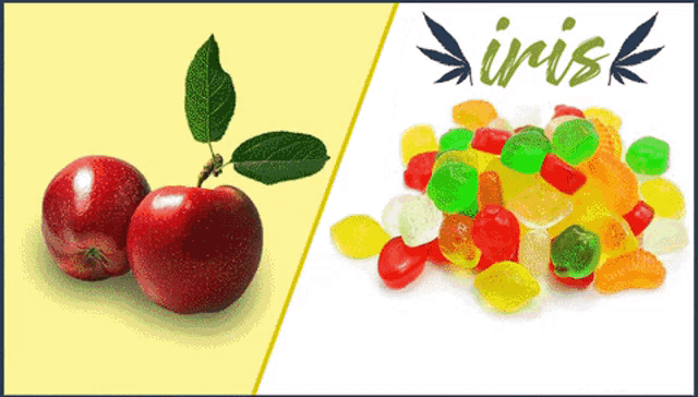 a picture of an apple next to a pile of gummy candy