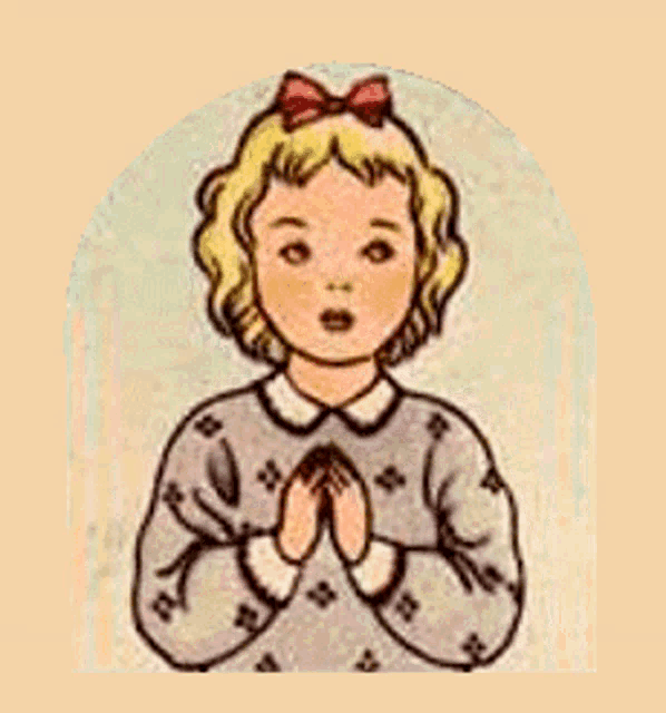 a little girl with a red bow on her head is praying with her eyes closed
