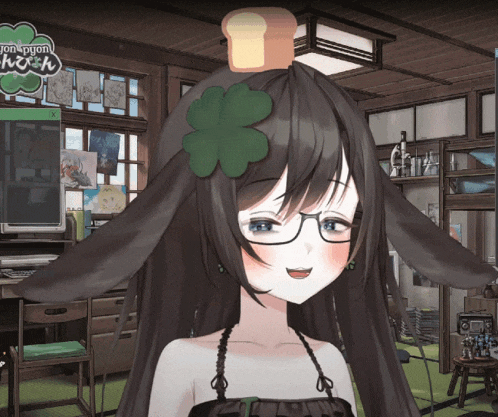 a girl wearing glasses and a clover on her head stands in front of a green sign that says yon pyon