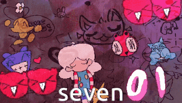 a drawing of a girl surrounded by cartoon characters with the number seven on the bottom