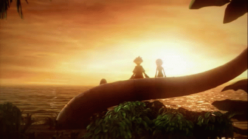 Kairi Sora And Riku Sitting On A Branch At The Beach With A Sunset Kingdom Hearts GIF