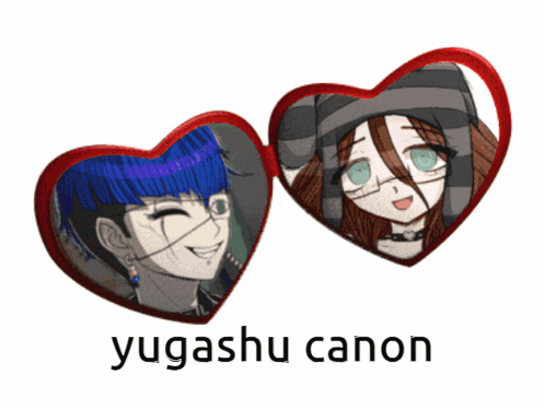 a picture of a boy and a girl in heart shaped frames with the words yugashu canon below them