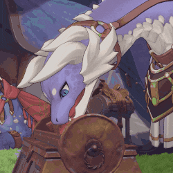 a purple and white dragon is standing next to a shield