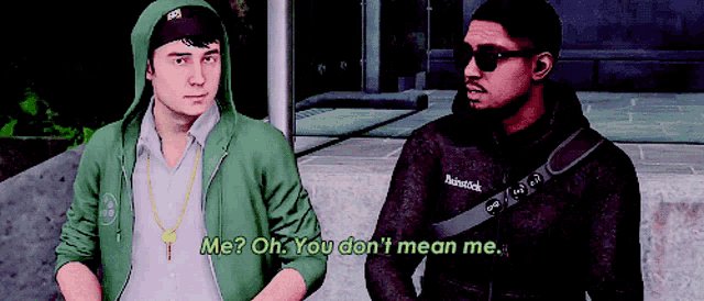 a man in a green hoodie is talking to another man in a black shirt