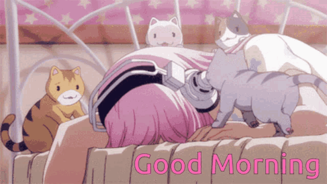 a girl with pink hair and headphones is laying on a bed with cats and the words " good morning " above her