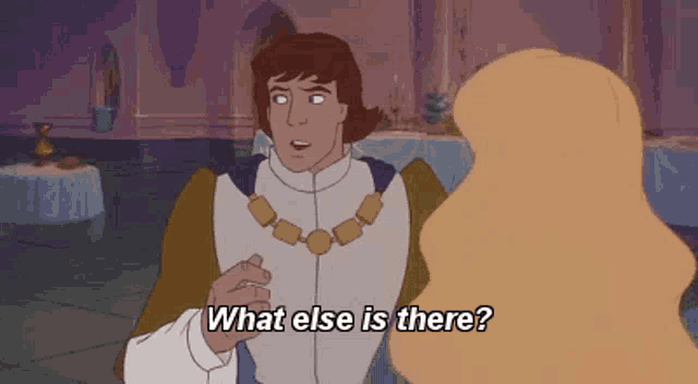 a cartoon of a man and a woman talking to each other and the man is asking the woman what else is there .