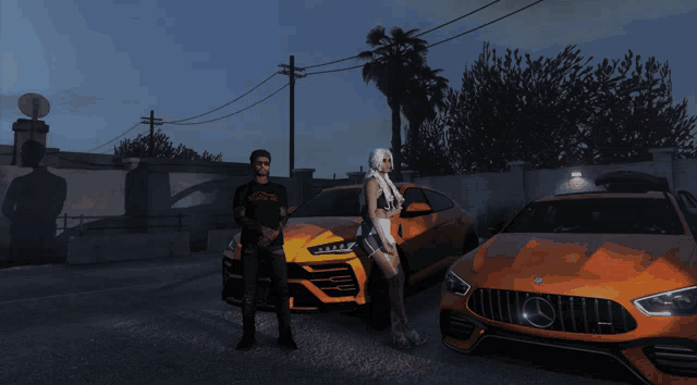 a man in a harley davidson shirt stands next to a woman in a bikini in front of two orange cars