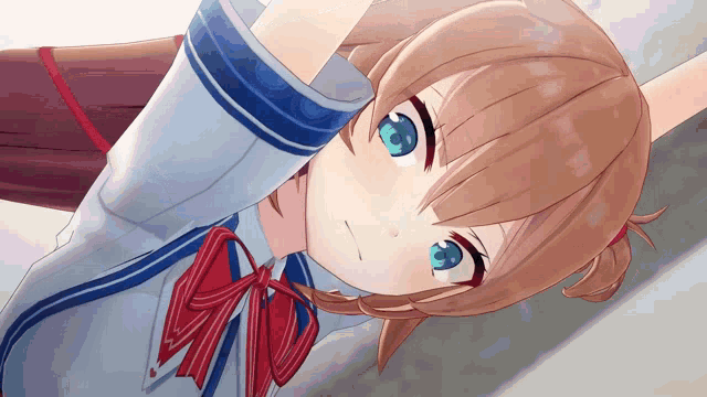 a close up of a girl with blue eyes and a red bow