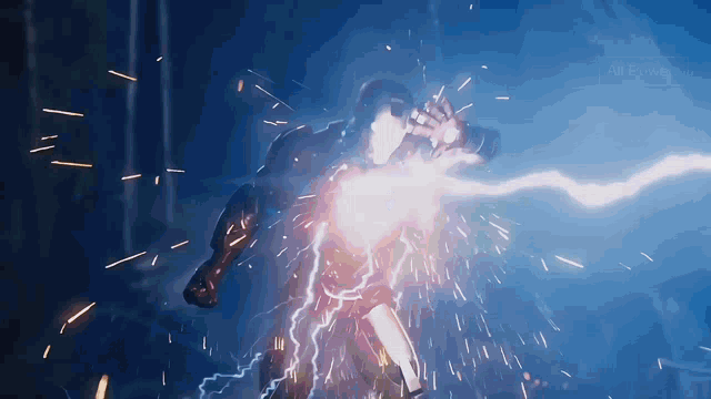 a man in a superhero costume is being struck by lightning
