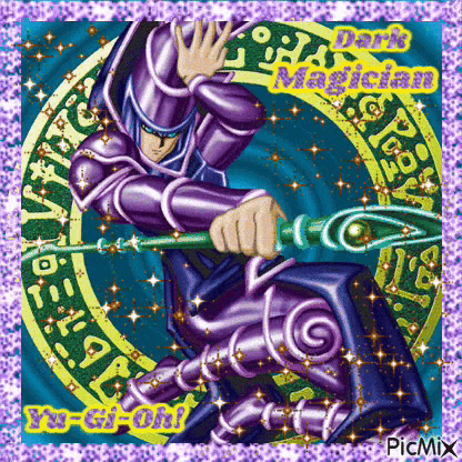 a picture of a dark magician from yu-gi-oh holding a wand