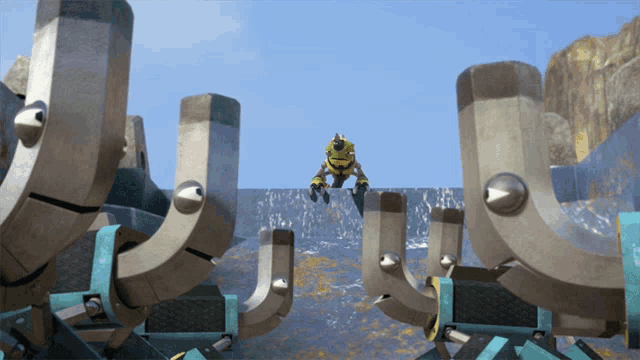a cartoon character is flying through the air between a bunch of huge metal objects