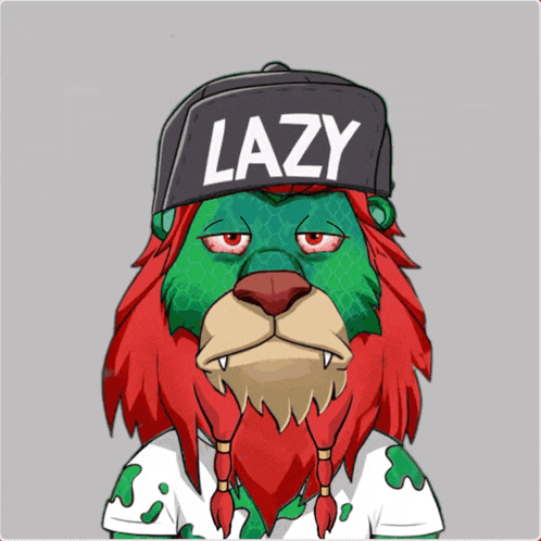 a cartoon lion wearing a hat that says lazy on it