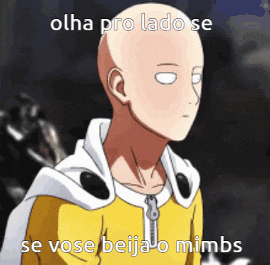 a bald man in a yellow jacket says olha pro lado se se vose beija-o mimbs