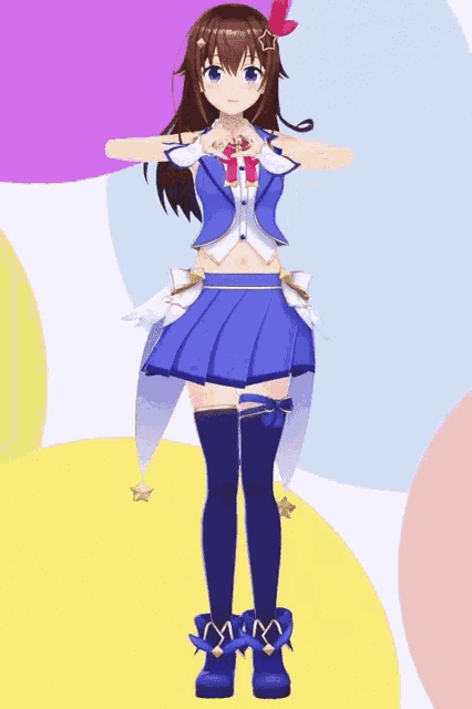 a girl in a blue dress is standing in front of a rainbow background