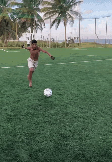 a shirtless man is kicking a soccer ball on a field with palm trees in the background