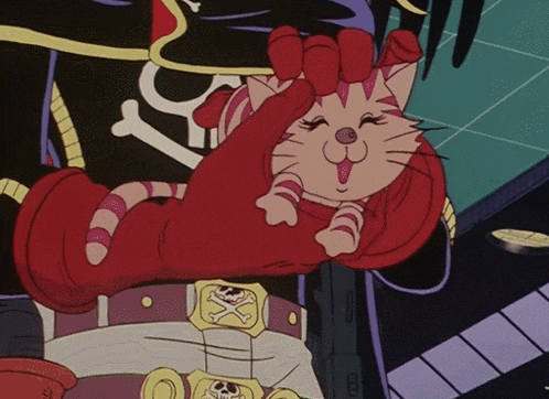 a cartoon cat is wearing a red glove with a skull and crossbones on it