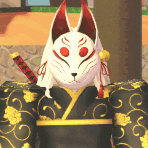 a cartoon character wearing a fox mask with red eyes
