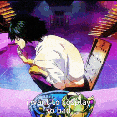 a cartoon character says i want to cosplay so bad in front of a basket