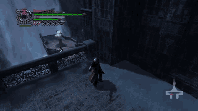 a video game screen shows a man standing in front of a waterfall