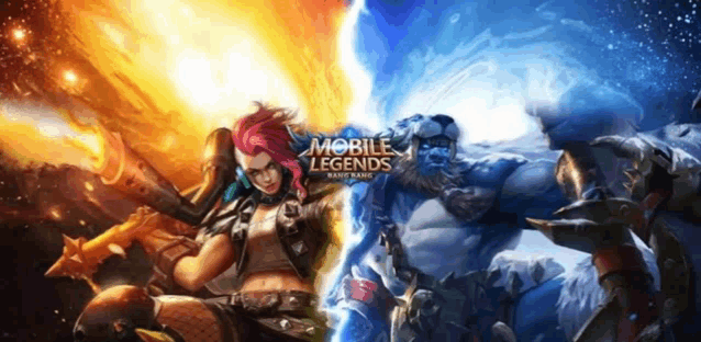 a poster for mobile legends shows two characters fighting each other .