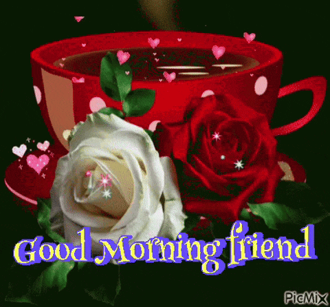 a cup of coffee with roses and the words good morning friend written on it