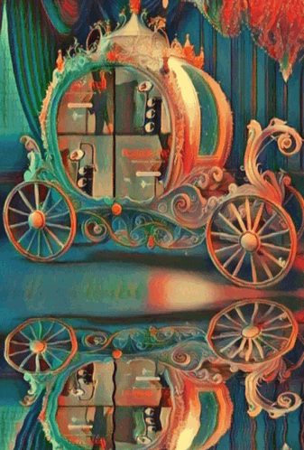 a painting of a cinderella carriage with a reflection of it in the water