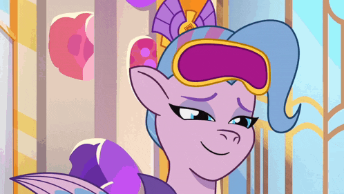 a cartoon pony wearing purple goggles and a purple bow