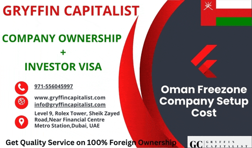 an advertisement for oman freezone company setup cost by griffin capitalist
