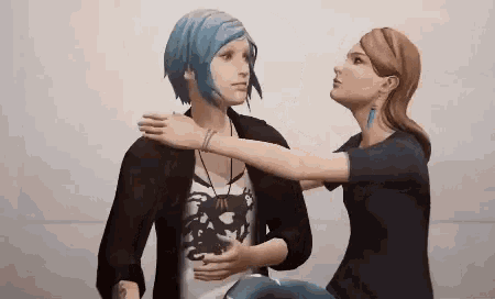 two women are hugging each other in a video game . one of the women has blue hair and the other has brown hair .