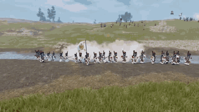 a group of soldiers are marching in a field with a man in a military uniform holding a sword