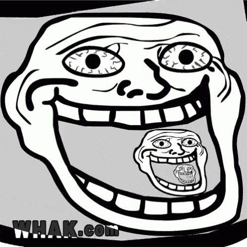 a black and white drawing of a troll face with the website whak.com underneath