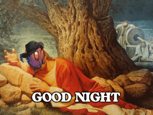 a painting of jesus laying under a tree with the words good night