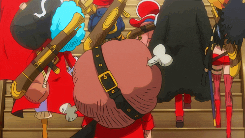 a group of cartoon characters are standing on a set of stairs and one of them has a skull on his back