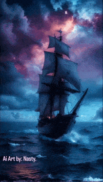 a painting of a sailing ship in the ocean with the caption ai art by nasty