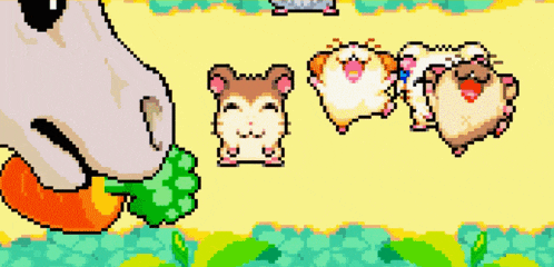 a pixel art of hamsters and a unicorn eating a carrot