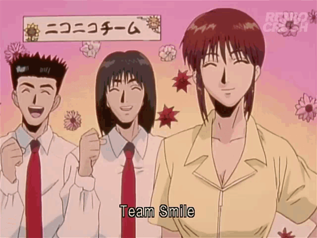 two men are standing in front of a sign that says team smile on it