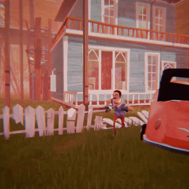 a cartoon character is running in front of a house with a red car in the foreground
