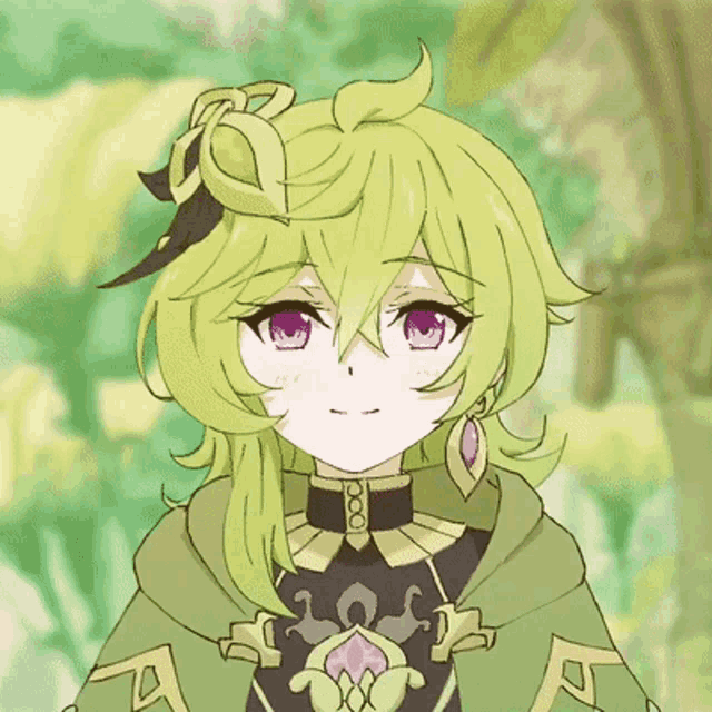 a girl with green hair and purple eyes is wearing a green cloak