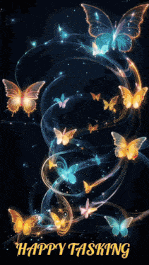 a happy tasking greeting card with butterflies on a dark background
