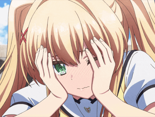 a blonde anime girl covering her face with her hands