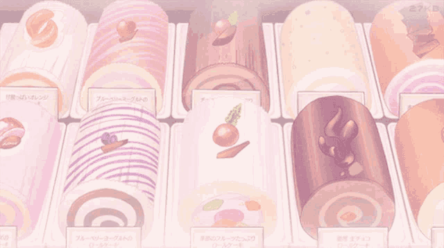 a display of different types of desserts including a purple one