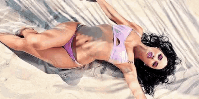 a woman in a bikini is laying on a towel on a beach .