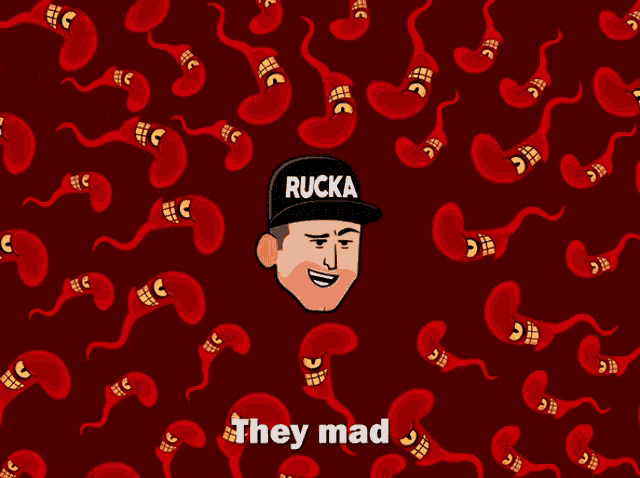 a cartoon of a man wearing a black hat that says rucka