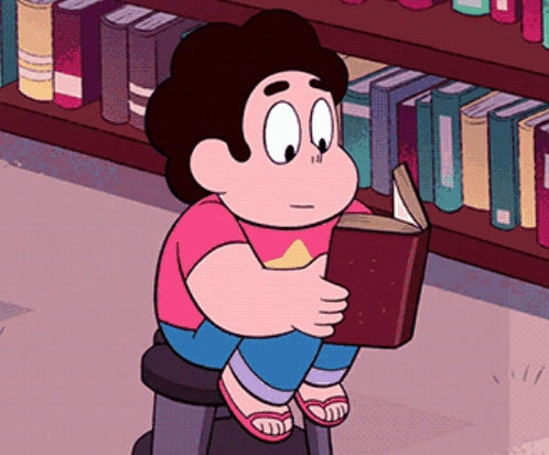 a cartoon character is reading a book in a library