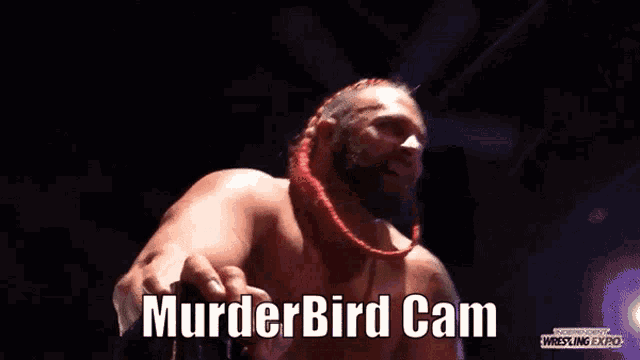 a man with a mohawk is smiling with the words murderbird cam written below him