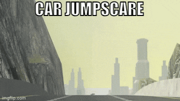 a car is driving down a road with the words car jumpscare above it