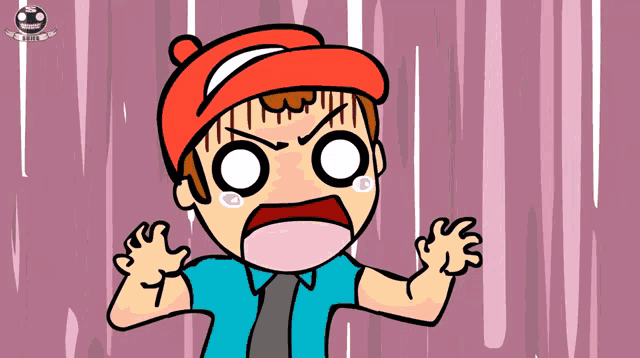 a cartoon drawing of a man with a red hat and a blue shirt with a tie