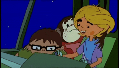 a cartoon of a boy with glasses and a girl with blonde hair holding a stuffed animal