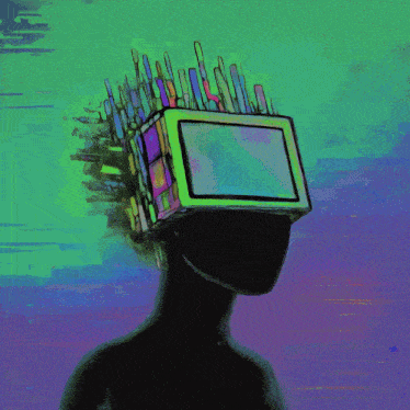a colorful drawing of a person with a cube on their head